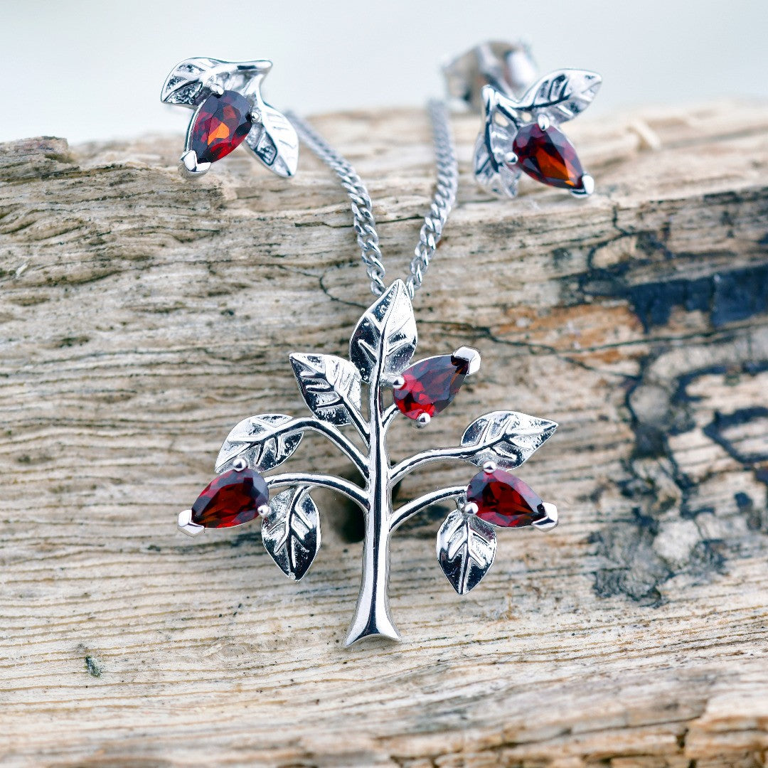 Garnet Necklace Earring Set 1.25ct Pear Red Tree of Life Leaves Sterling Silver