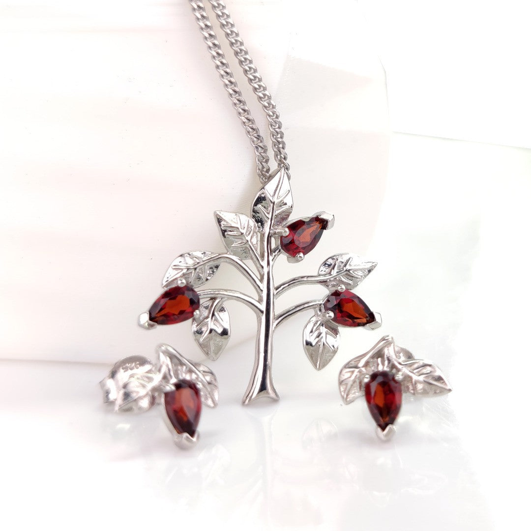 Garnet Necklace Earring Set 1.25ct Pear Red Tree of Life Leaves Sterling Silver
