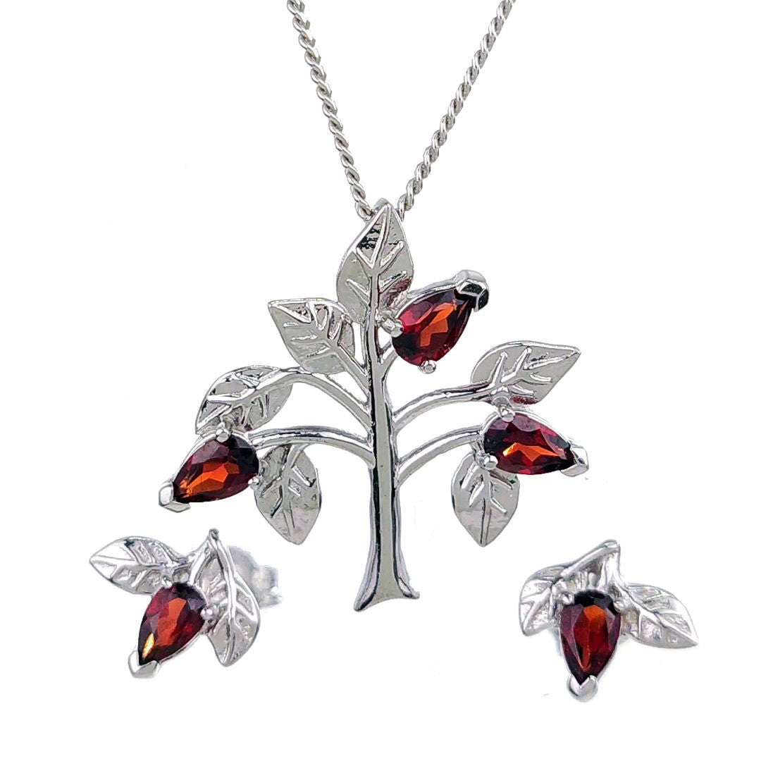 Garnet Necklace Earring Set 1.25ct Pear Red Tree of Life Leaves Sterling Silver