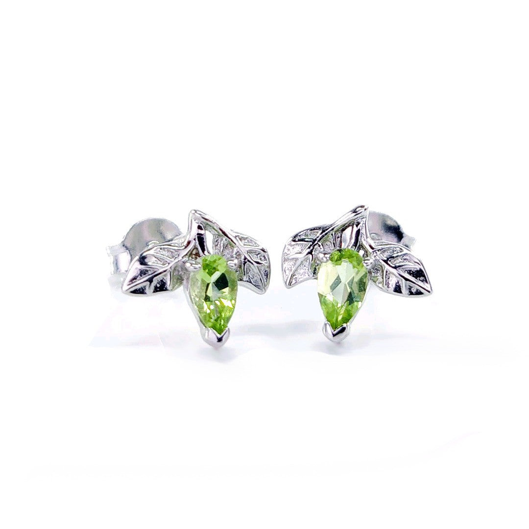 peridot earrings 0.5ct pear green leaf studs silver august birthstone designed in the UK
