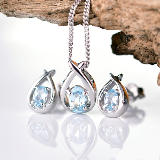 Topaz Necklace Earring Set 1ct Pear Blue Twist Silver December Birthstone