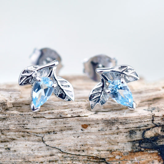 Topaz Earrings 0.5ct Blue Leaf Studs Silver December Birthstone