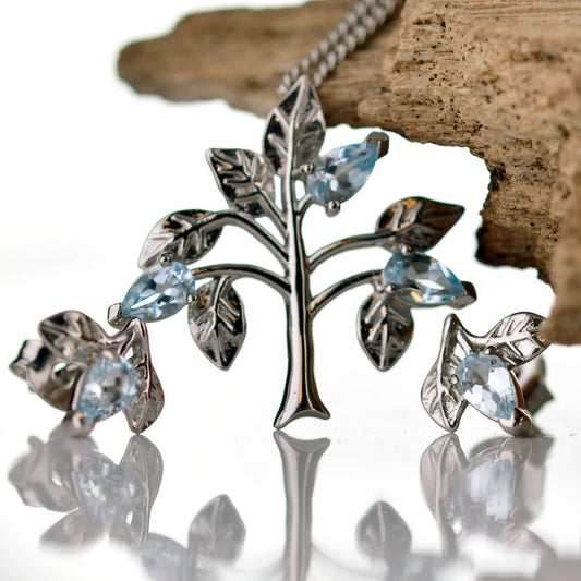 Topaz Necklace Earring Set 1.25ct Blue Tree of Life Leaves Silver December Birthstone