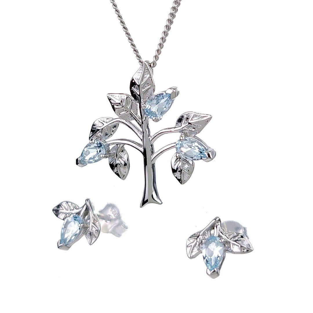 Topaz Necklace Earring Set 1.25ct Blue Tree of Life Leaves Silver December Birthstone