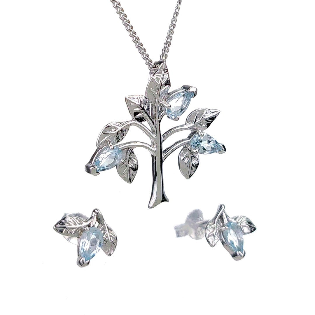 Topaz Necklace Earring Set 1.25ct Blue Tree of Life Leaves Silver December Birthstone