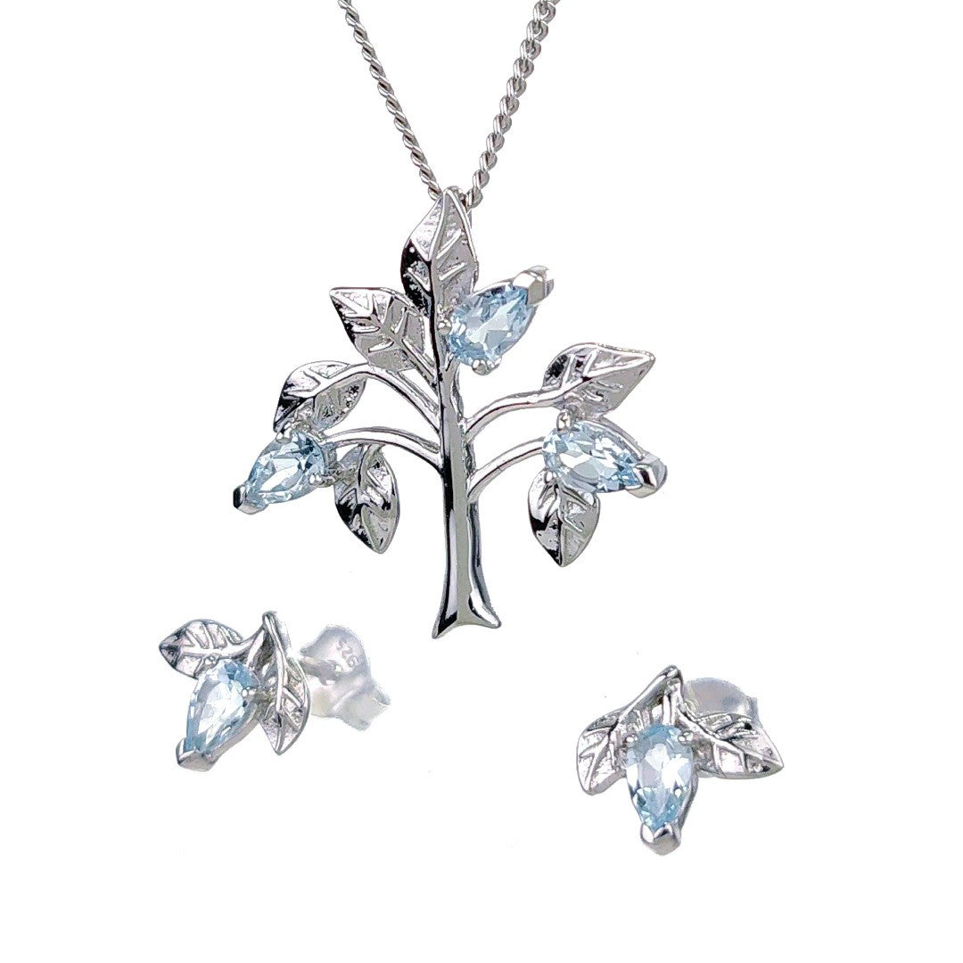 Topaz Necklace Earring Set 1.25ct Blue Tree of Life Leaves Silver December Birthstone