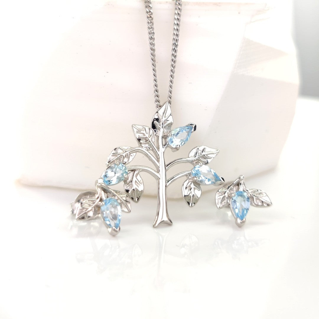 Topaz Necklace Earring Set 1.25ct Blue Tree of Life Leaves Silver December Birthstone