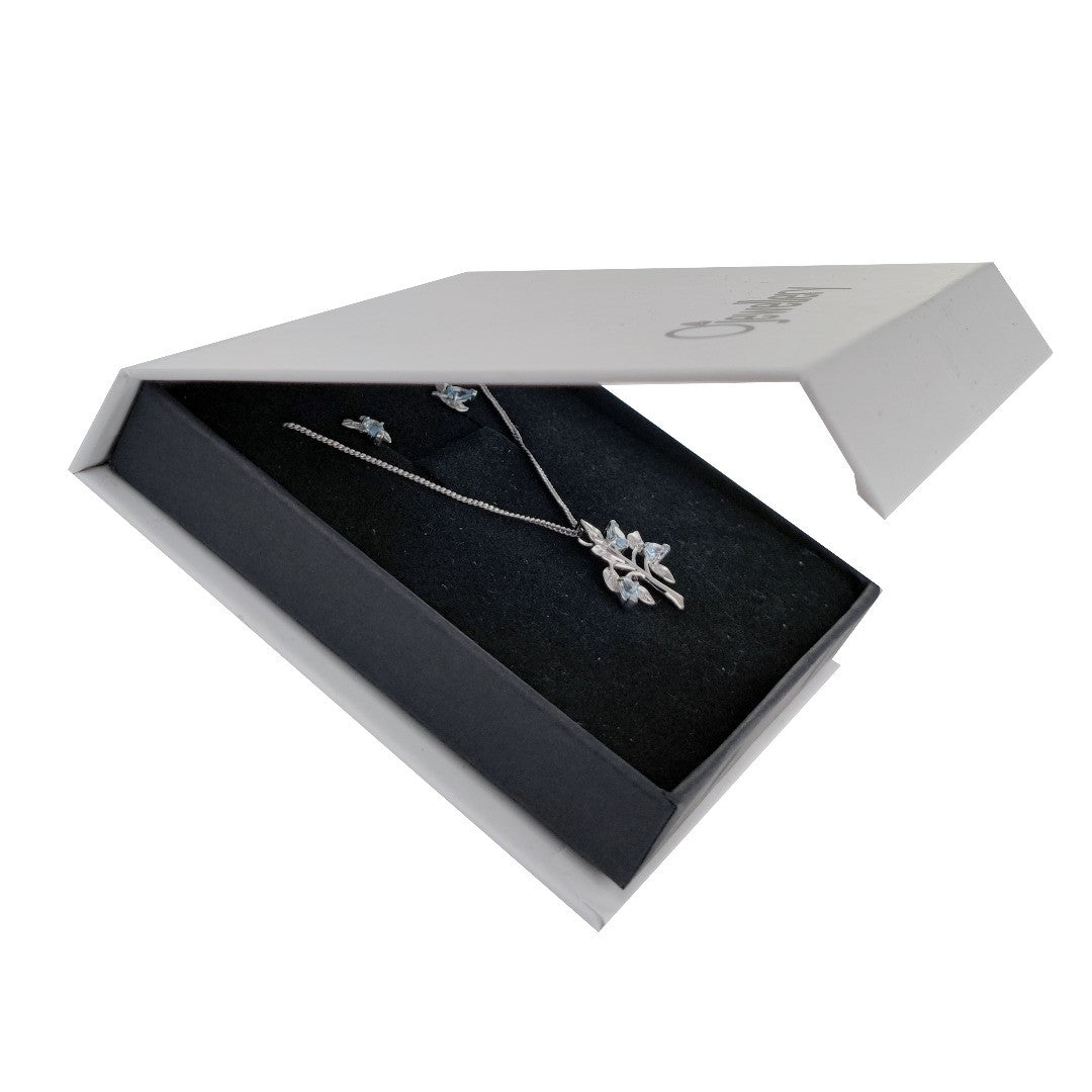 Topaz Necklace Earring Set 1.25ct Blue Tree of Life Leaves Silver December Birthstone