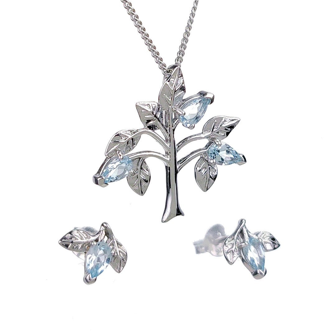 Topaz Necklace Earring Set 1.25ct Blue Tree of Life Leaves Silver December Birthstone