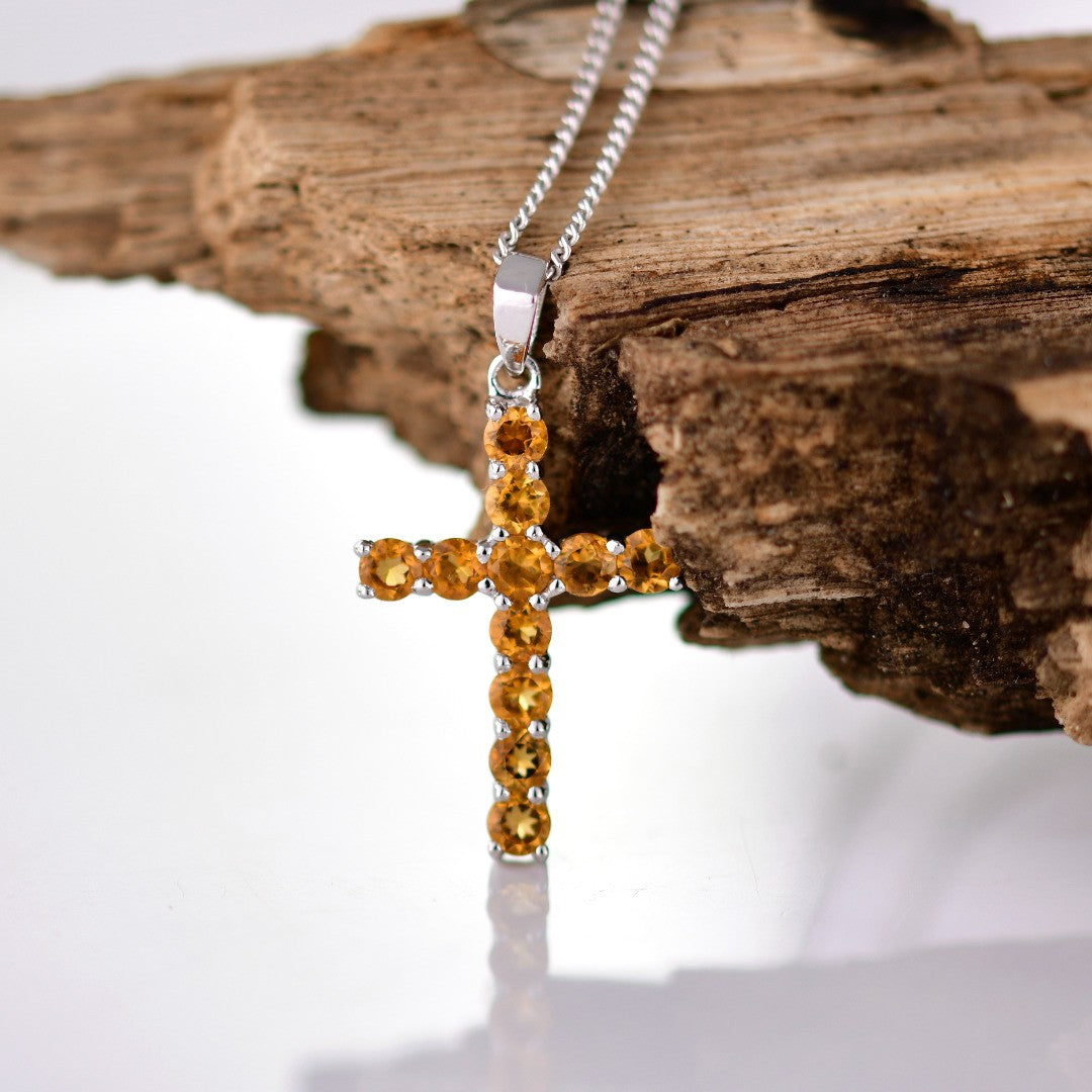 Citrine Necklace 1.1ct Yellow Cross Pendant Sterling Silver November Birthstone