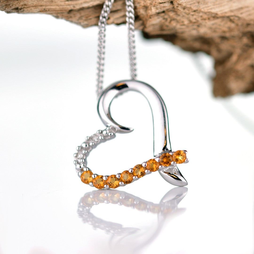 Citrine Necklace Diamond 0.32ct Heart Pendant Sterling Silver November Birthstone
