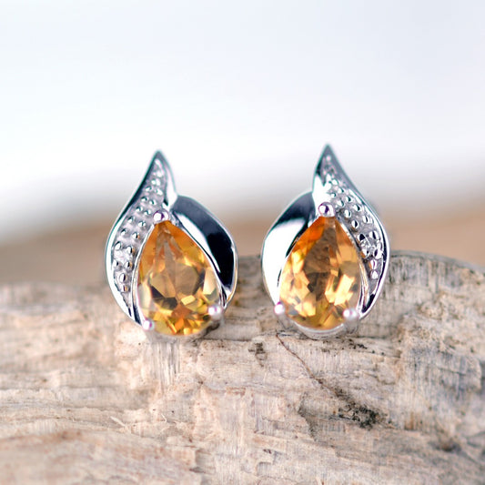 Citrine Earrings Diamond 0.7ct Pear Studs Sterling Silver November Birthstone
