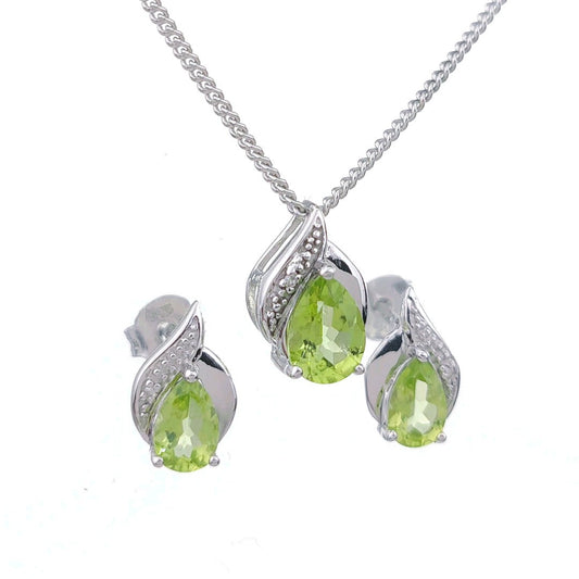 Peridot Necklace Earring Set Diamond 1.9ct Green Pear Silver August Birthstone