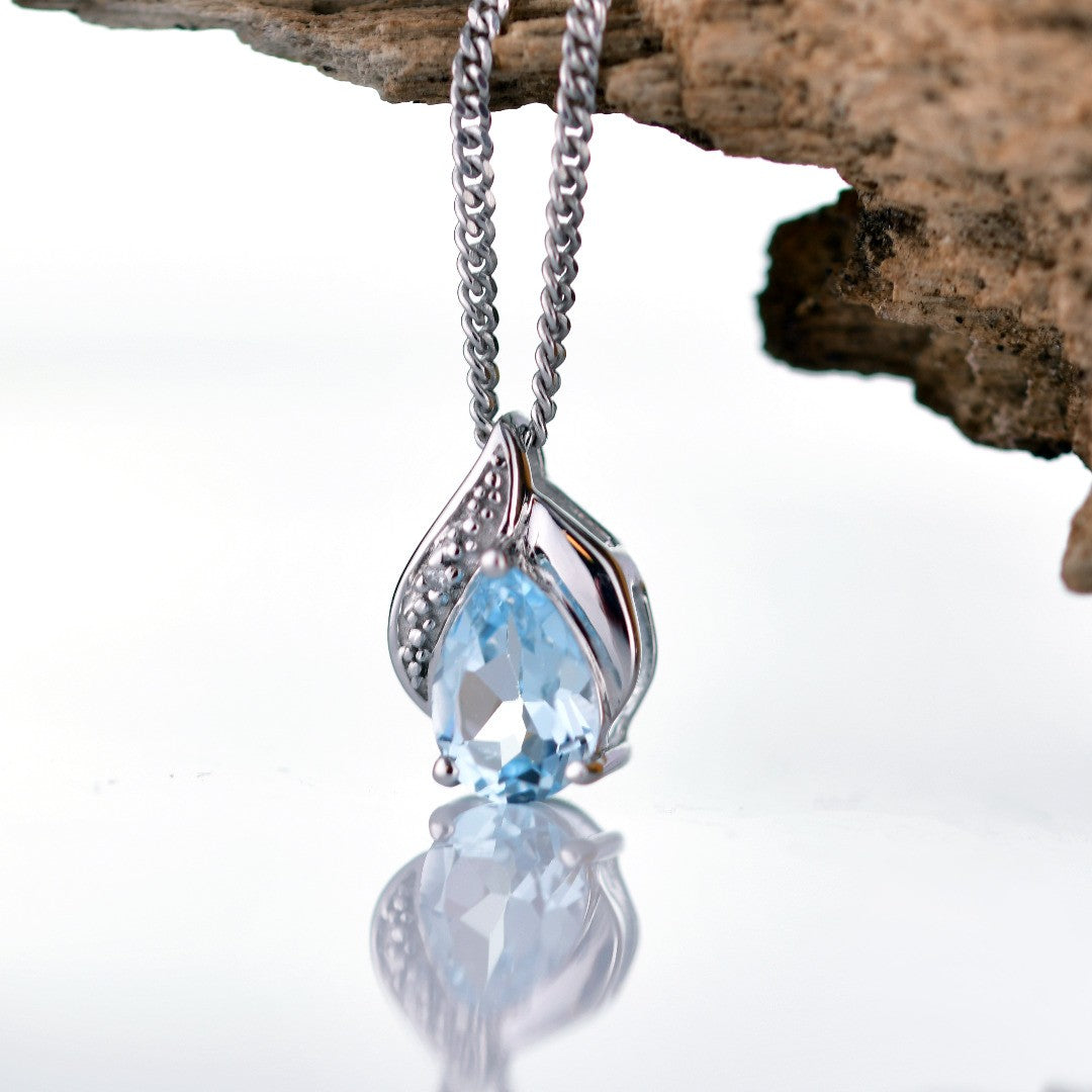 Topaz Necklace Diamond 1ct Pear Blue Pendant Silver December Birthstone