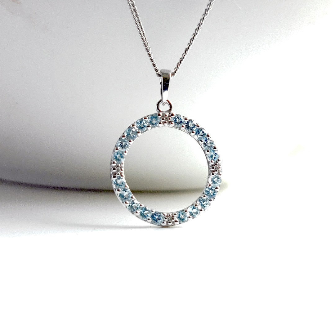 Topaz Necklace Diamond 0.8ct Blue Circle Pendant Sterling Silver December Birthstone