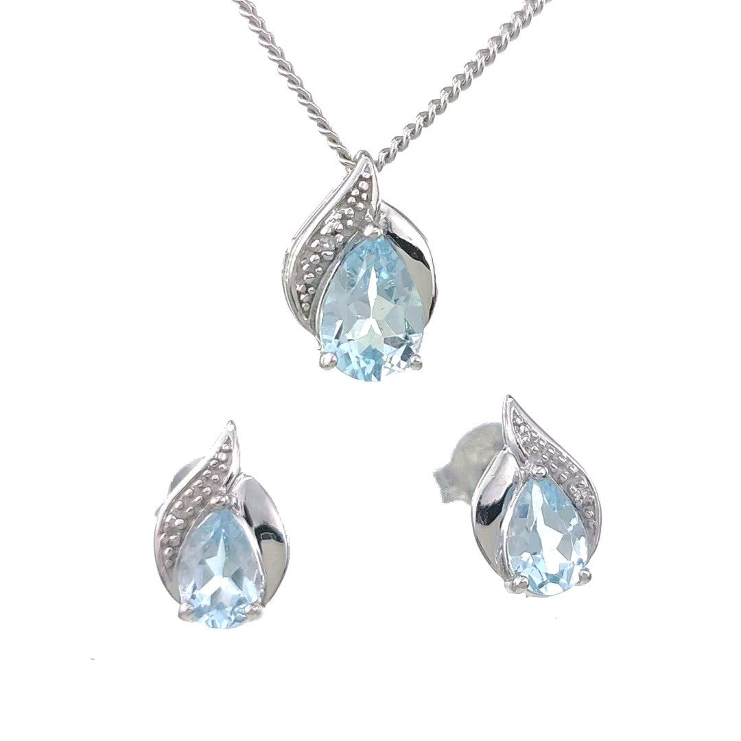 Blue Topaz Diamond Pear Jewellery Set in Sterling Silver