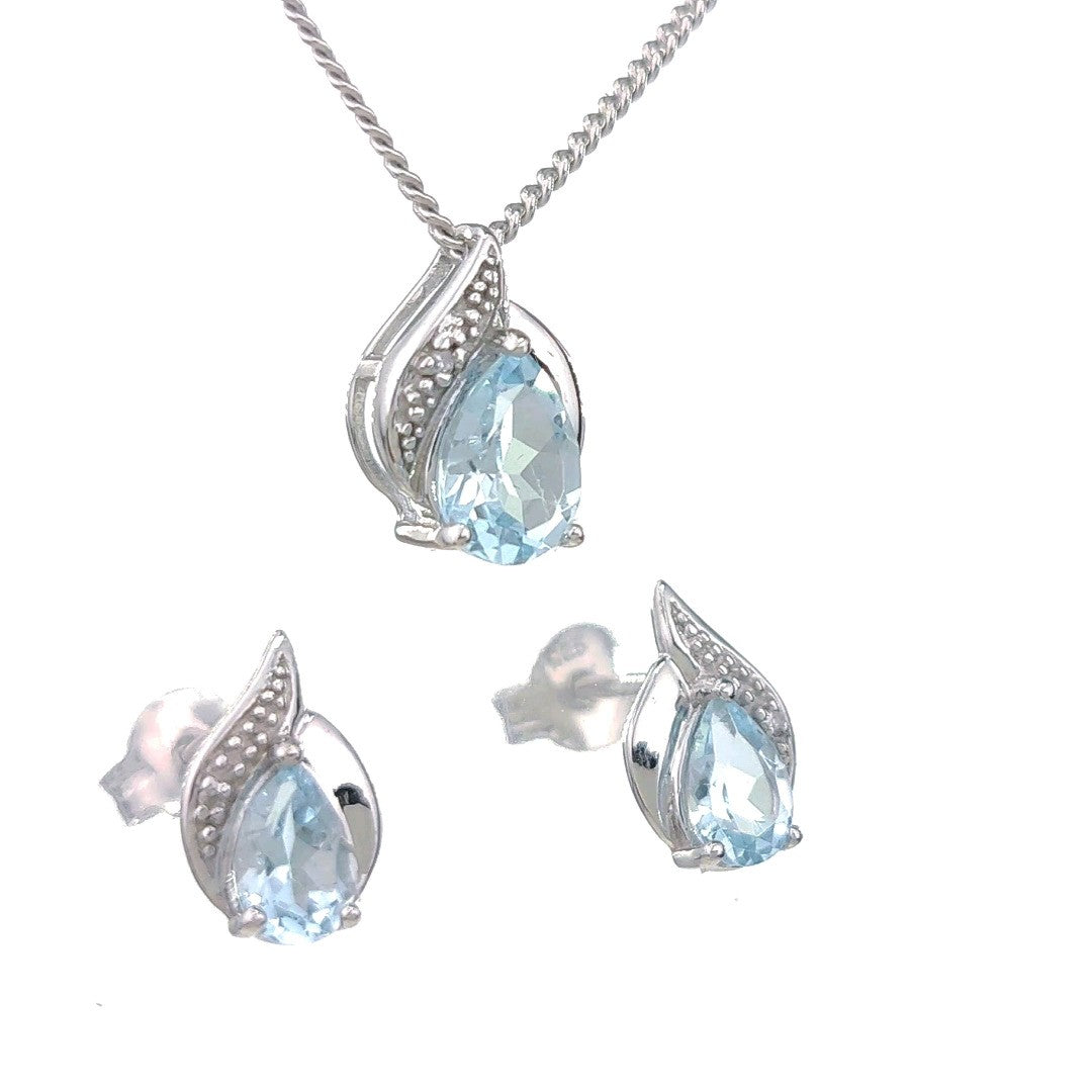 Blue Topaz Diamond Pear Jewellery Set in Sterling Silver