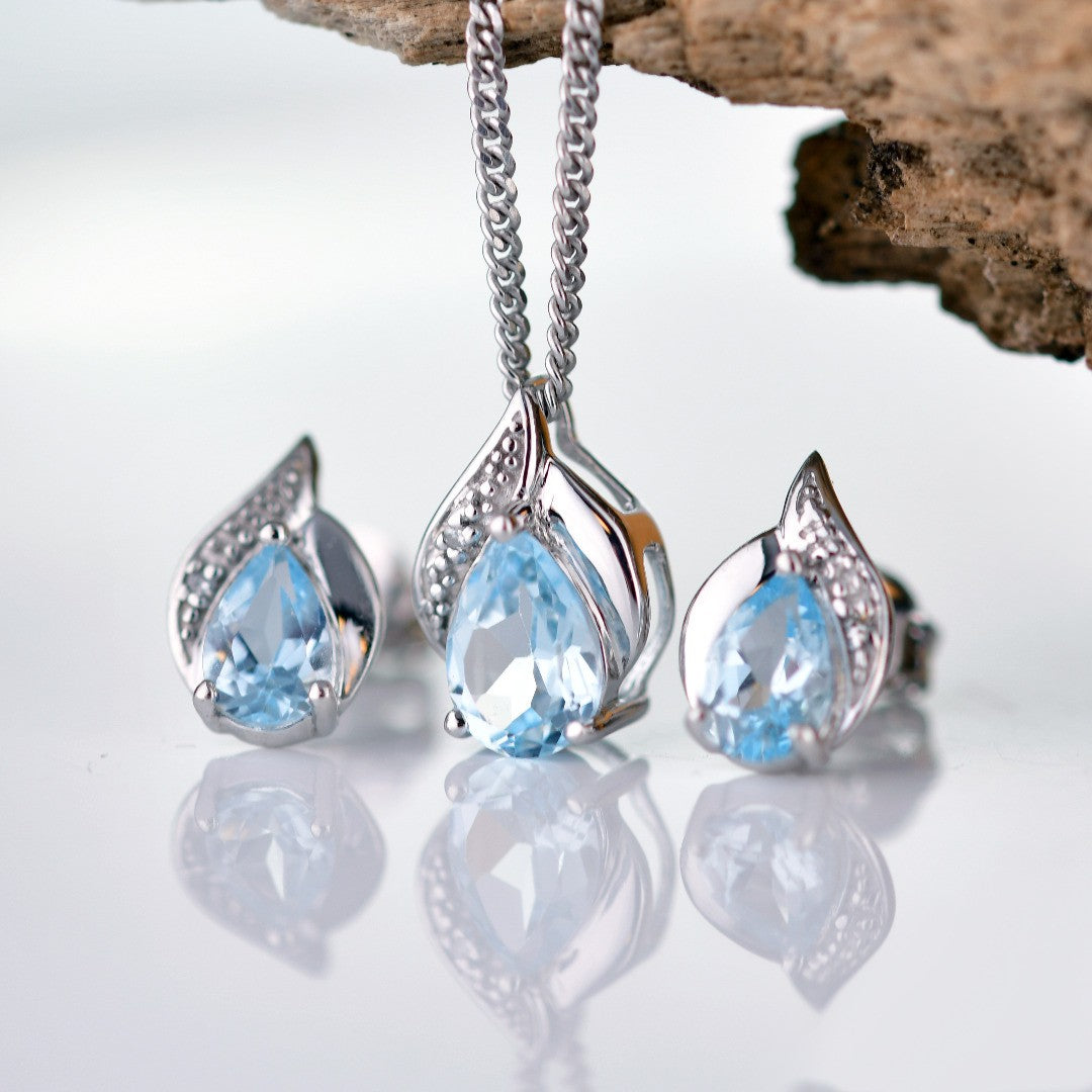 Blue Topaz Diamond Pear Jewellery Set in Sterling Silver