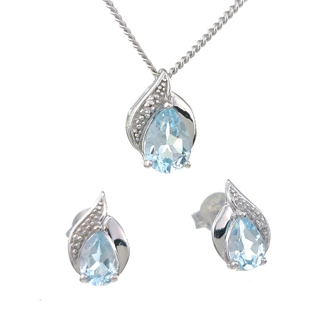 topaz necklace earring set diamond 2ct pear sterling silver december birthstone designed in the UK