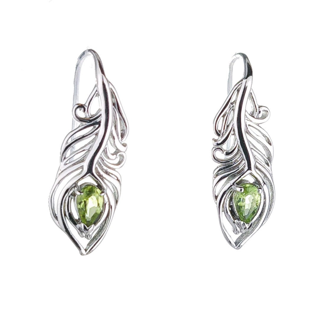 sterling silver peridot earrings dangle peacock feather hook august birthstone designed in the UK