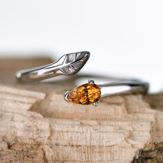Sterling Silver Citrine Leaf Ring Size I-T Adjustable Yellow November Birthstone