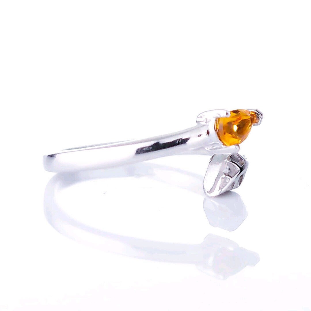 Sterling Silver Citrine Leaf Ring Size I-T Adjustable Yellow November Birthstone