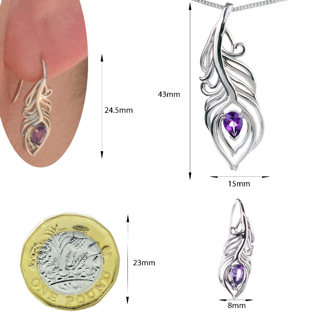 Amethyst Peacock Feather Dangle Earrings Sterling Silver