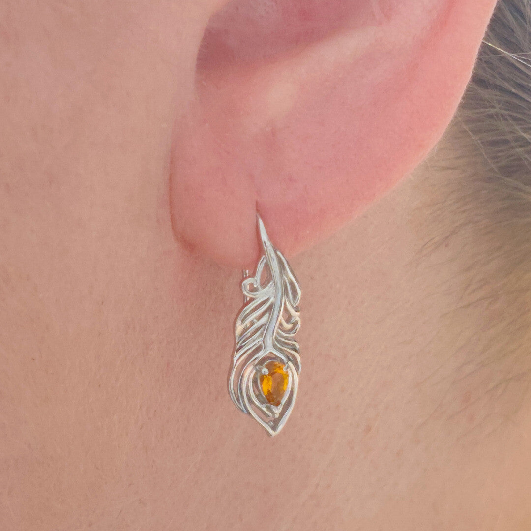 Sterling Silver Citrine Earrings Dangle Peacock Feather Hook November Birthstone