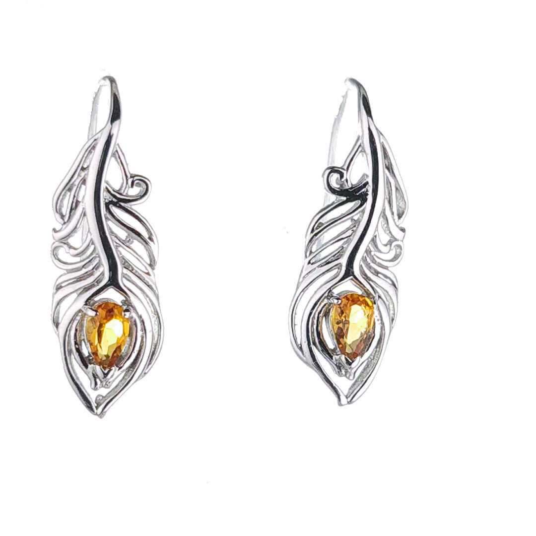 Citrine Peacock Feather Earrings in Sterling Silver