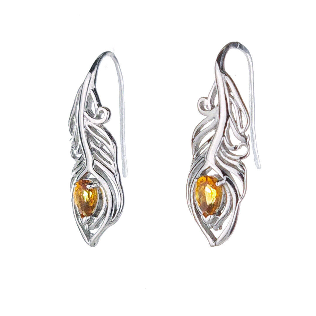 Citrine Peacock Feather Earrings in Sterling Silver