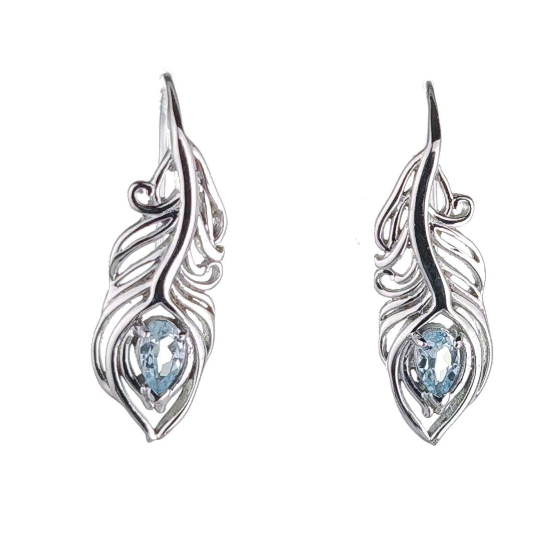 sterling silver topaz earrings dangle peacock feather hook december birthstone designed in the UK