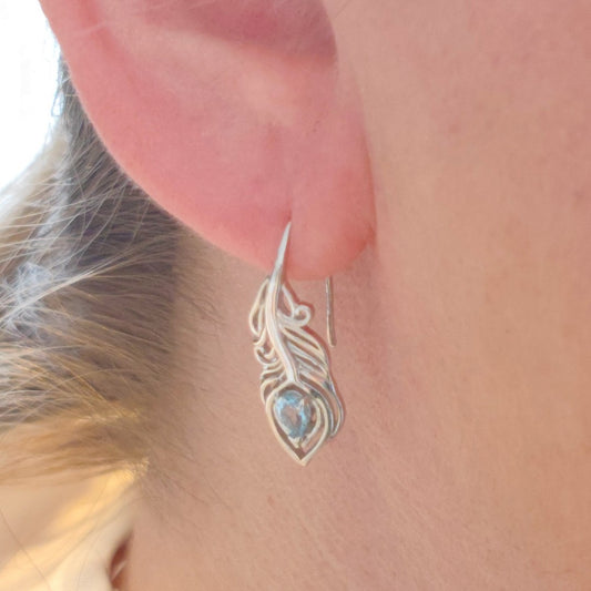 Sterling Silver Topaz Earrings Dangle Peacock Feather Hook December Birthstone