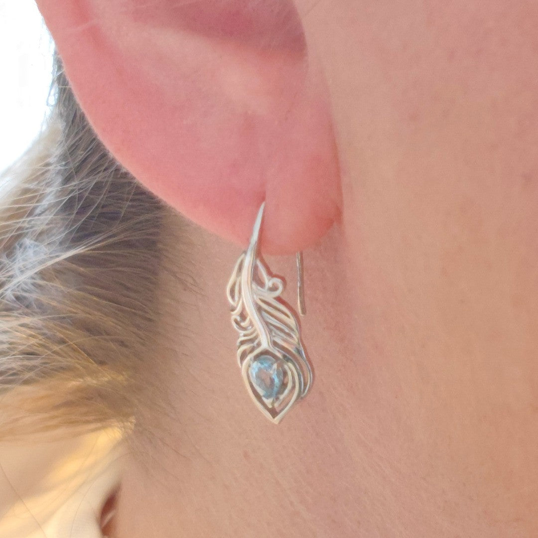 Blue Topaz Peacock Feather Earrings in Sterling Silver
