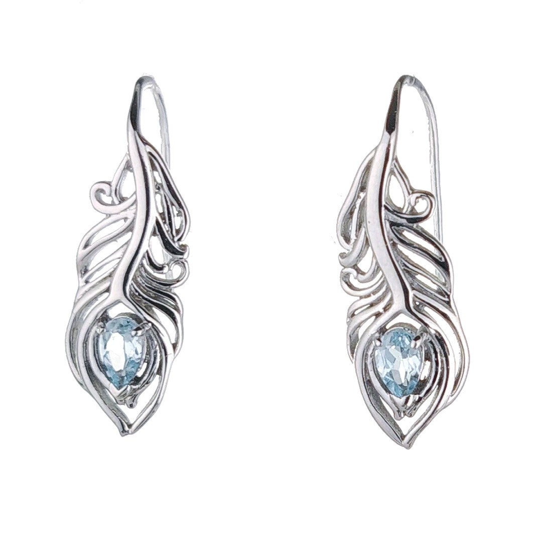 Blue Topaz Peacock Feather Earrings in Sterling Silver
