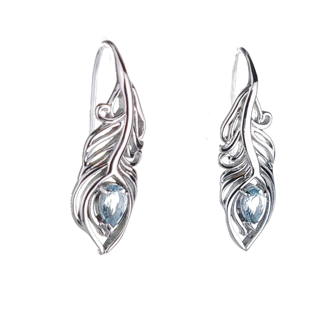 Blue Topaz Peacock Feather Earrings in Sterling Silver