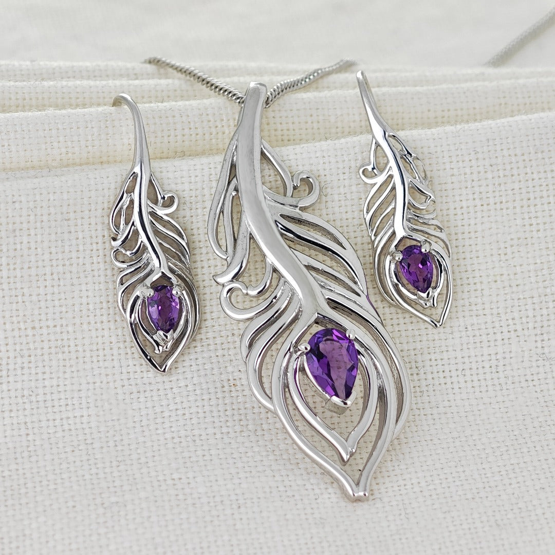 Amethyst Peacock Feather Set Necklace and Dangle Earrings Sterling Silver