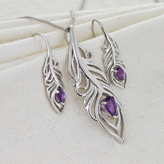 Amethyst Peacock Feather Set Necklace and Dangle Earrings Sterling Silver