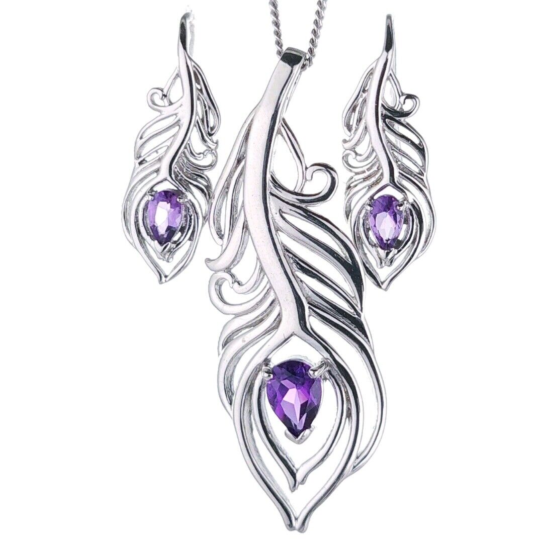 amethyst peacock feather set necklace and dangle earrings sterling silver designed in the UK
