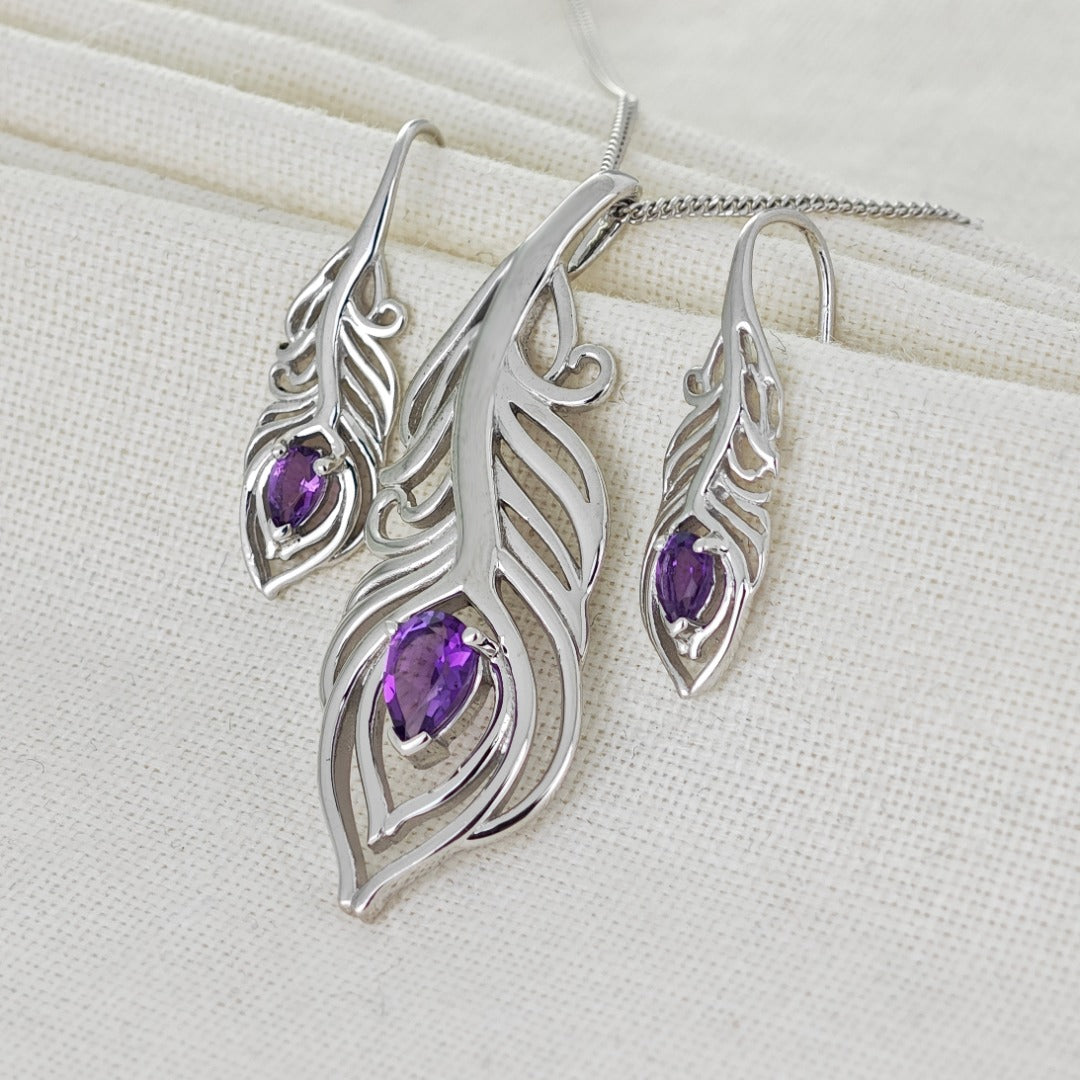 Amethyst Peacock Feather Set Necklace and Dangle Earrings Sterling Silver