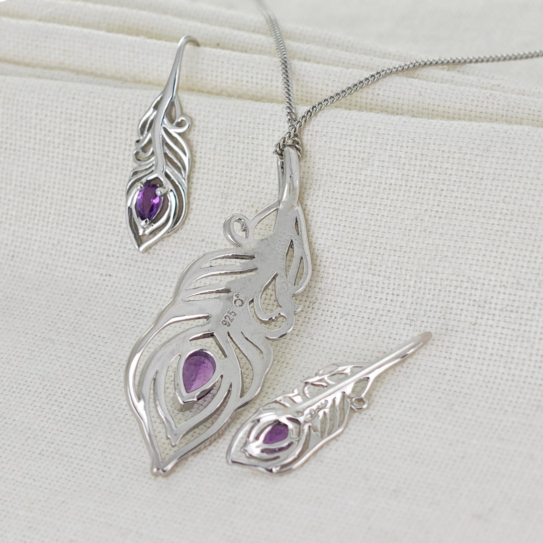 Amethyst Peacock Feather Set Necklace and Dangle Earrings Sterling Silver