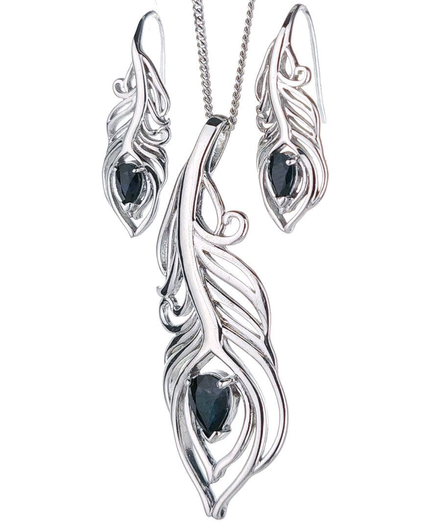 Sterling Silver Sapphire Set Statement Necklace Dangle Earrings Peacock Feather September Birthstone
