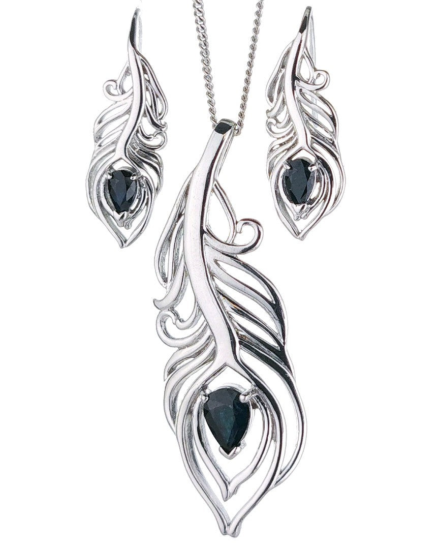 sterling silver sapphire set statement necklace dangle earrings peacock feather september birthstone designed in the UK