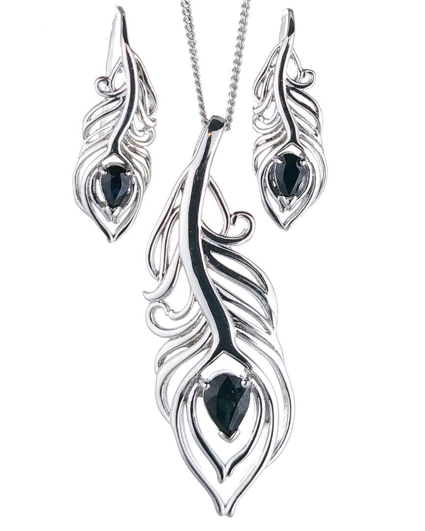 Sterling Silver Sapphire Set Statement Necklace Dangle Earrings Peacock Feather September Birthstone