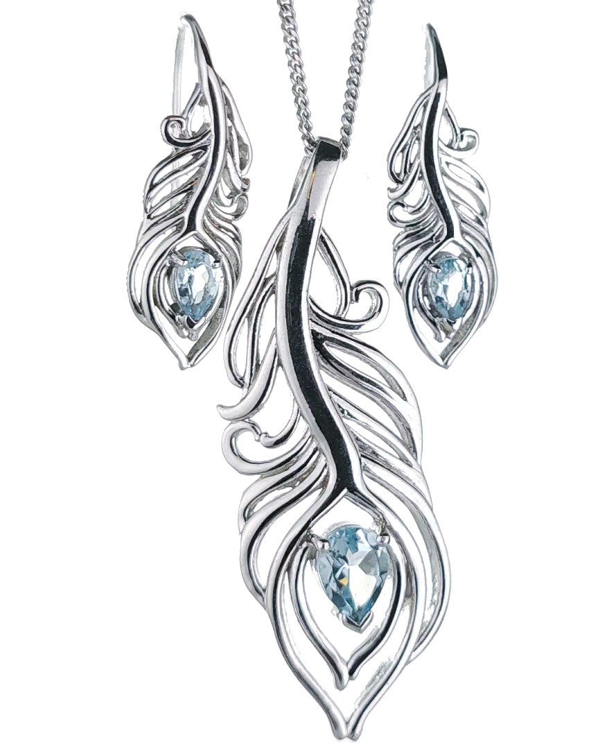 Sterling Silver Topaz Set Statement Necklace Dangle Earrings Peacock Feather December Birthstone