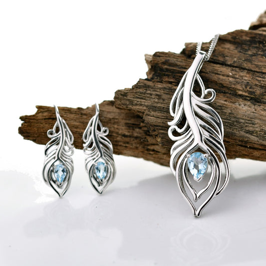Sterling Silver Topaz Set Statement Necklace Dangle Earrings Peacock Feather December Birthstone