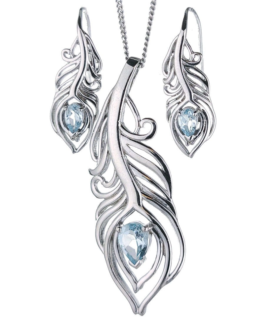 Sterling Silver Topaz Set Statement Necklace Dangle Earrings Peacock Feather December Birthstone
