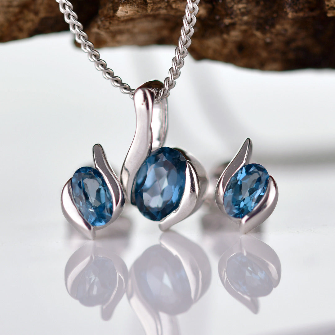 sterling silver necklace earring set london blue topaz personalised christmas gift designed in the UK