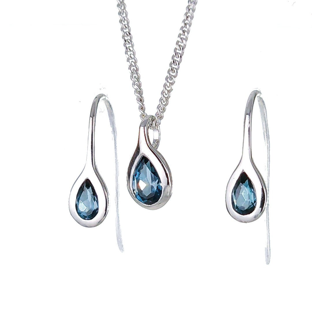 Topaz Necklace Earring Set 1ct Pear London Blue Sterling Silver Boxed Gift