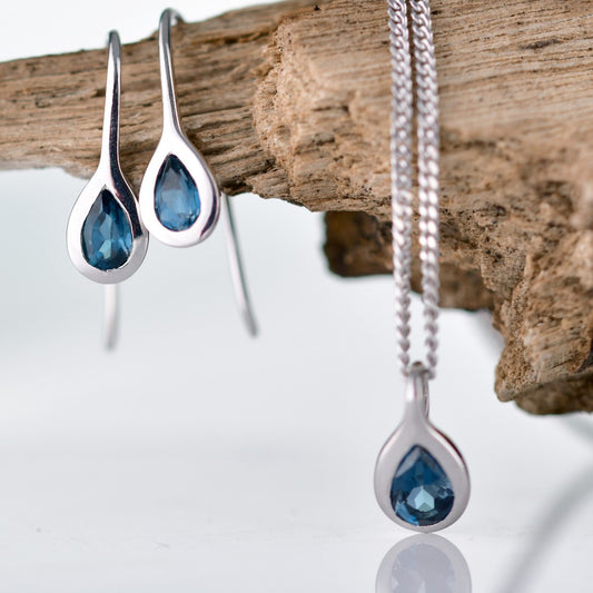 Topaz Necklace Earring Set 1ct Pear London Blue Sterling Silver Boxed Gift