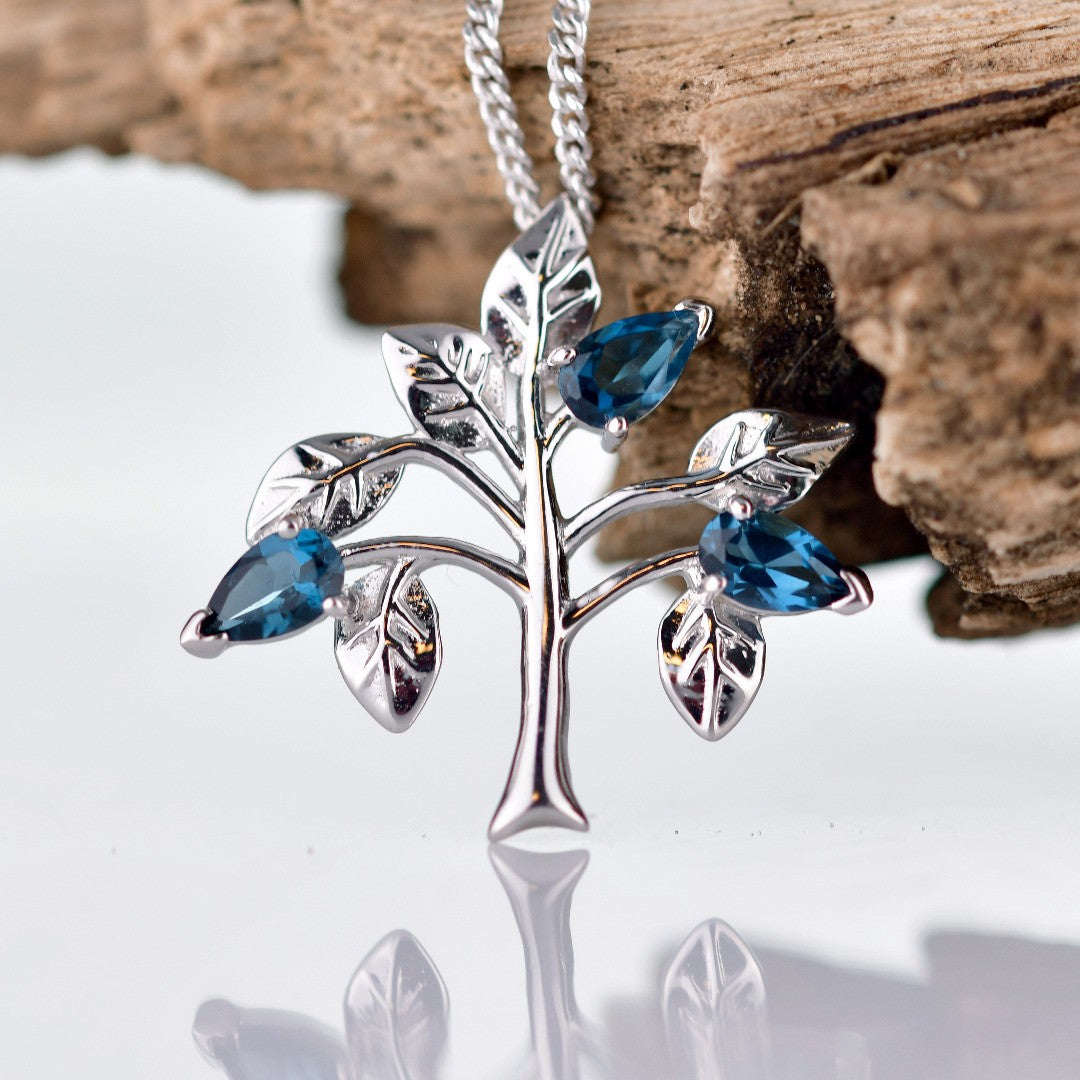Topaz Necklace 0.75ct Pear London Blue Tree of Life Pendant Sterling Silver
